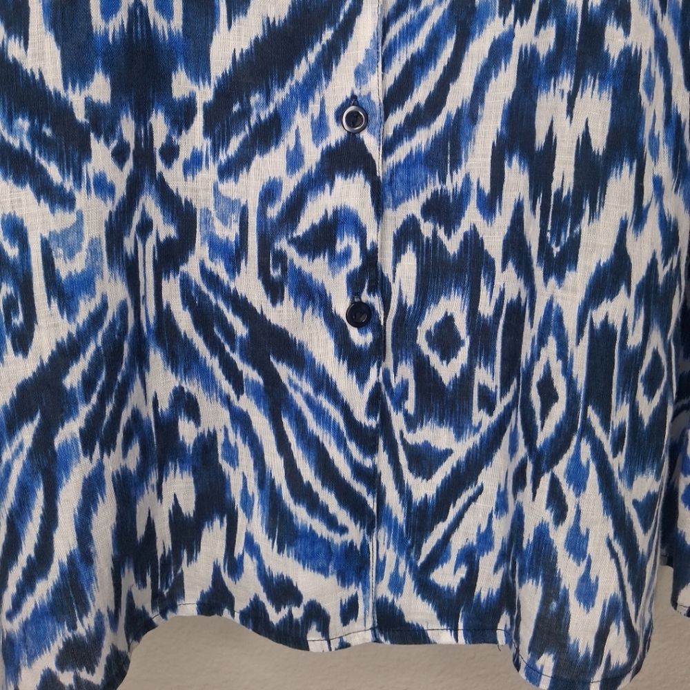 Chico's Linen Womens Tunic Button Shirt 3/4 Sleeve Blue White Abstract Size  XL - Picture 5 of 14